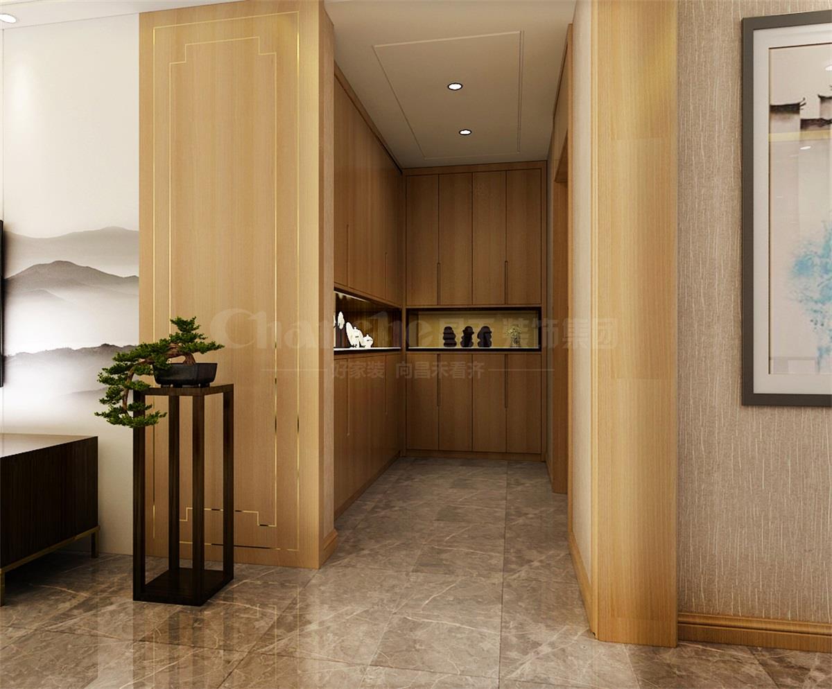 進(jìn)門處的鞋柜，既滿足了屋主的生活習(xí)慣，又體現(xiàn)出對自然人文古意的喜好之情。